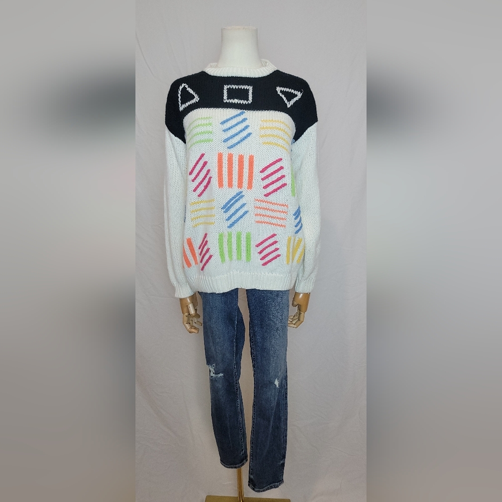 Tomboy Vintage 1990s Colorful Wool Blend Knit Sweater, Size Medium